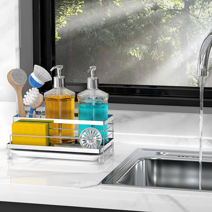 Cisily Stainless Steel Sponge Holder for Kitchen, Sink Caddy Sink Organizer Rack for Kitchen Accessories with Drip Tray, Rustproof and Non-slip, Dish Soap Dispenser Countertop Organizer