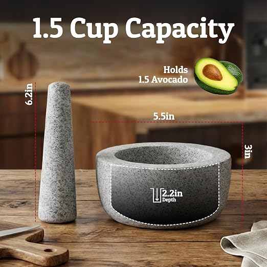 Heavy Duty Large 1.5 Cup Mortar and Pestle Set, 100% Natural Granite, 4.72 Inch Diameter Bowl, 6.2 Inch Pestle, Non-Slip Base, Stone Grinder for Guacamole Salsa Pesto Herbs Spices, Grey