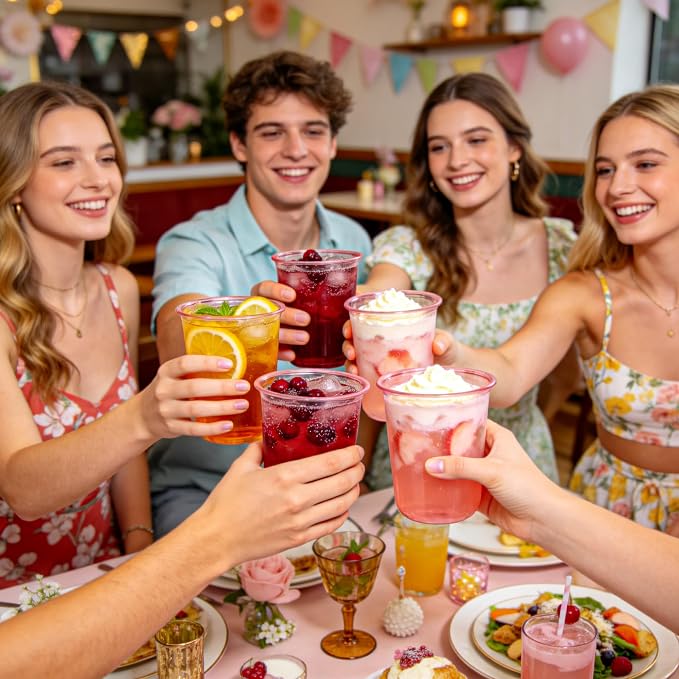 WELLIFE 50 Pcs 12 oz Clear Pink Plastic Cups | Disposable Cocktail Glasses Stemless Wine Punch Cups for Cold Drinking Wedding Party Supplies Valentine's Day