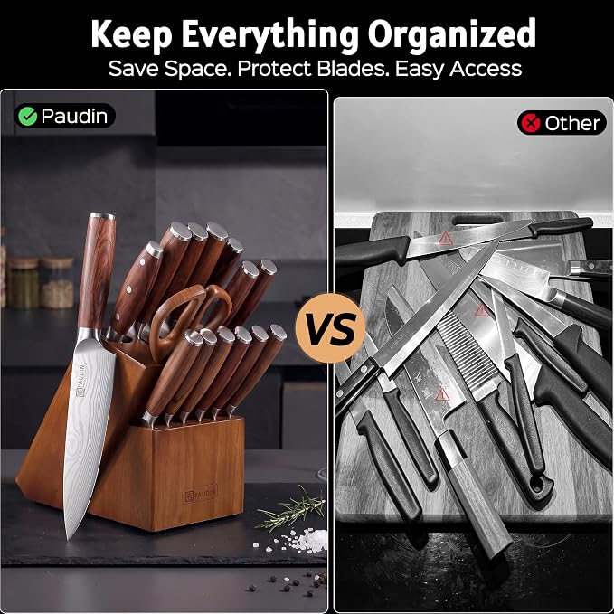 PAUDIN 16-Piece Kitchen Knife Set with Block, Built-in Sharpener, Ultra Sharp 5Cr15Mov Stainless Steel Chef Knives, Natural Wood Handles, Steak Knives, Scissors & Honing Rod, Complete Cutlery Set