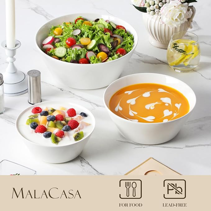MALACASA White Serving Bowls Set of 3, Ceramic Mixing Bowl for Kitchen | 105/60/35 OZ Bowls for Family Salad, Soup, Pho and Fruit, Microwave & Dishwasher Safe, Series REGULAR