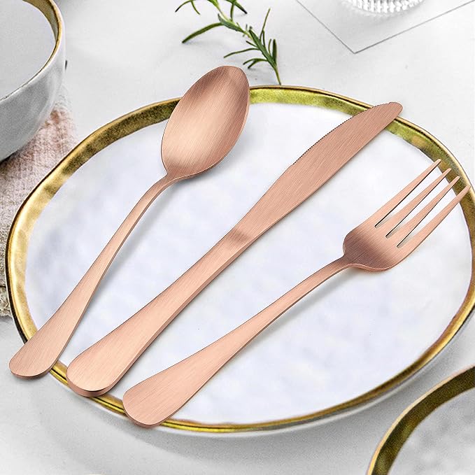 LIANYU 40 Piece Matte Copper Silverware Set, Rose Gold Flatware Set for 8 | Stainless Steel Cutlery Set, Fancy Kitchen Utensil Tableware for Home Restaurant Party, Satin Finish, Dishwasher Safe