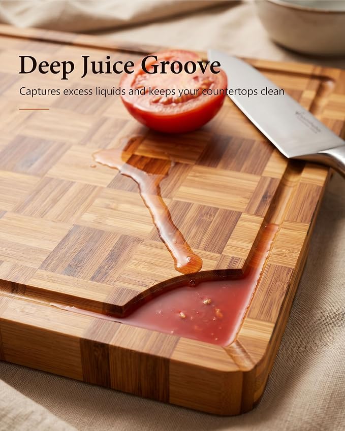 Brown Bamboo Cutting Board 18" x 12", Heavy Duty Checkered End Grain Butcher Block for Kitchen, Wooden Chopping Board with Deep Juice Grooves and Handles for Meat, Vegetables, Dough and Meal Prep