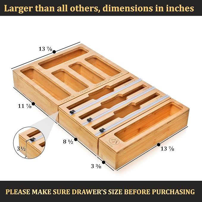9 in 1 Bamboo Drawer Organizer for Kitchen — Zip Top Bag, Foil and Plastic Wrap Storage with Chalkboard Labels, Fits Gallon Quart Sandwich Snack Bags, Pantry Organization