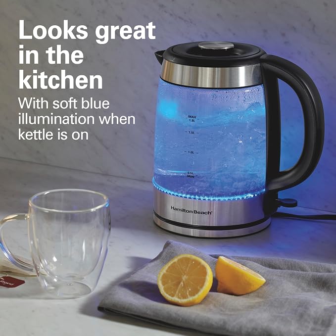 Hamilton Beach 1.8 Liter Electric Tea Kettle, Water Boiler & Heater | Fast Boiling 1500 Watts | BPA Free | Cordless Serving | Auto-Shutoff & Boil-Dry Protection | Blue LED | Clear Glass