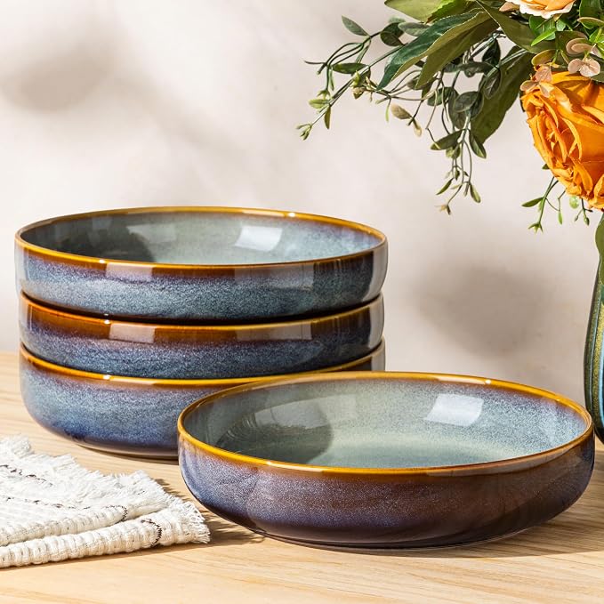 8.5" Ceramic Pasta Bowls Set of 4, Salad Bowls | Versatile Serving Bowls for Pasta, Salad, Fruit & Noodles, Housewarming & Wedding Gift, Dusk Blue