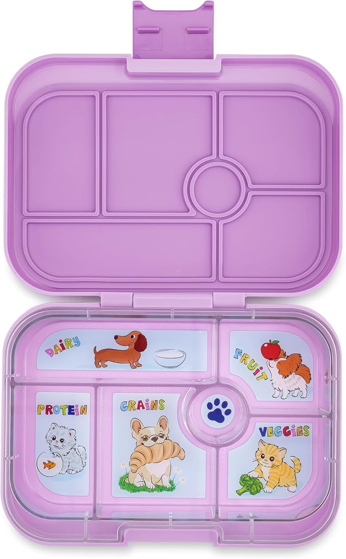 Yumbox Original Leakproof Bento Lunch box - Ami Purple | 5 Compartments + Dip Well, Easy-Open Latch, Just Right Portions, Removable Illustrated Tray Cats & Dogs