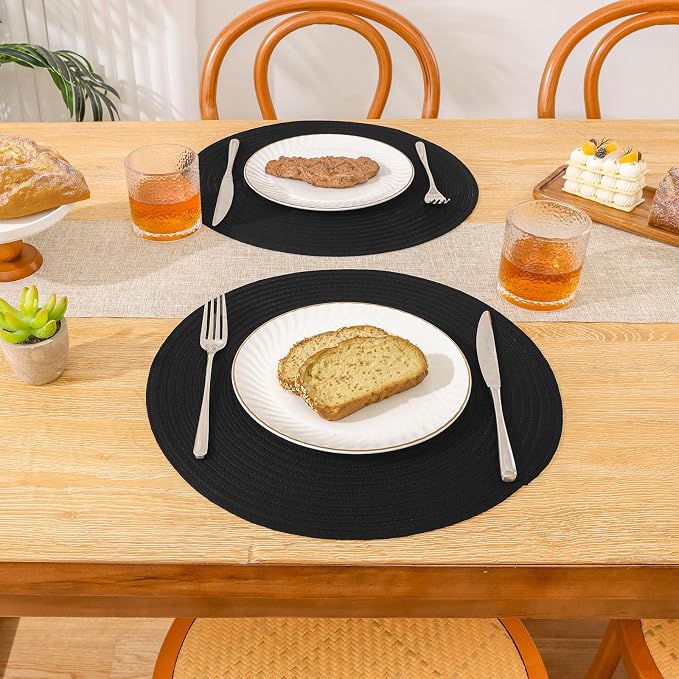 SHACOS Black Round Placemats Set of 12 Heavy Cotton Polyester Woven Braided Place Mats Washable Heat Resistant Non Slip Table Mats