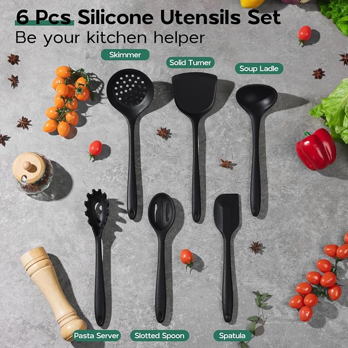Onader Cooking Utensils Set of 6, Black Silicone Kitchen Cooking Utensils Set for Nonstick Cookware, Non Toxic & Dishwasher Safe