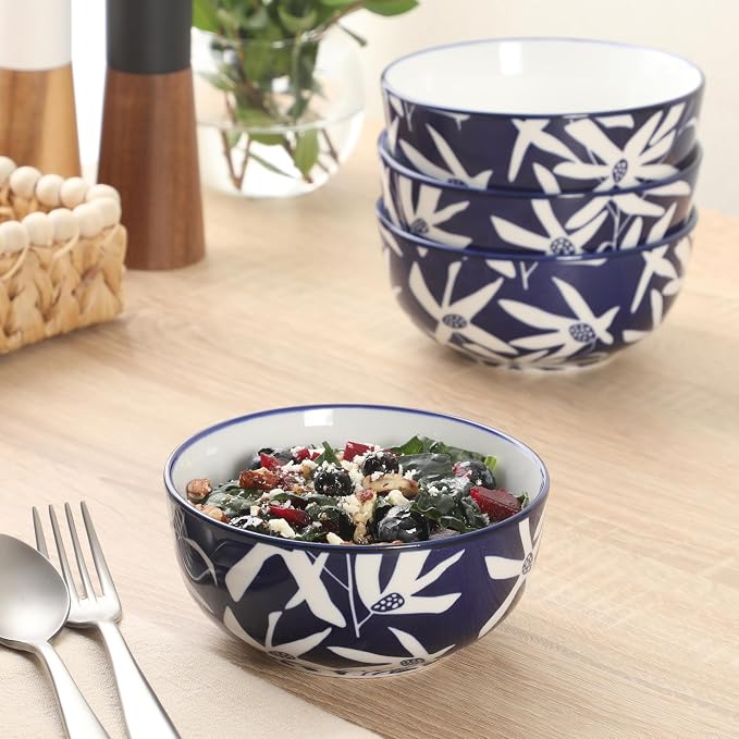 Gibson Home Ivory Estate 4-Piece Cereal Bowl Set, 5.5 Inch Round Stoneware Bowls, Blue & White Floral Pattern, Assorted Decorative Designs