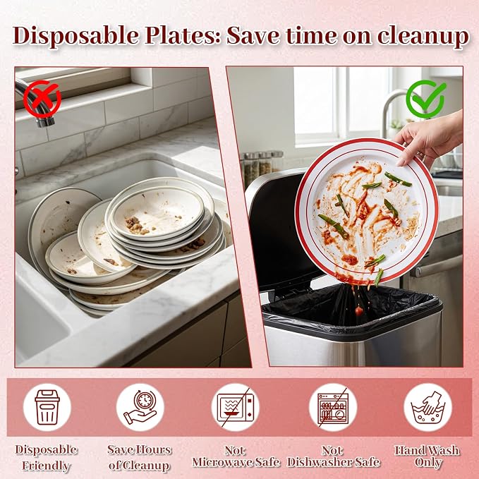 DaYammi 350PCS White and Red Plastic Dinnerware Set for 50 Guests, Fancy Disposable Plates for Party, Include: 50 Dinner Plates, 50 Dessert Plates, 50 Pre Rolled Napkins with Red Silverware, 50 Cups