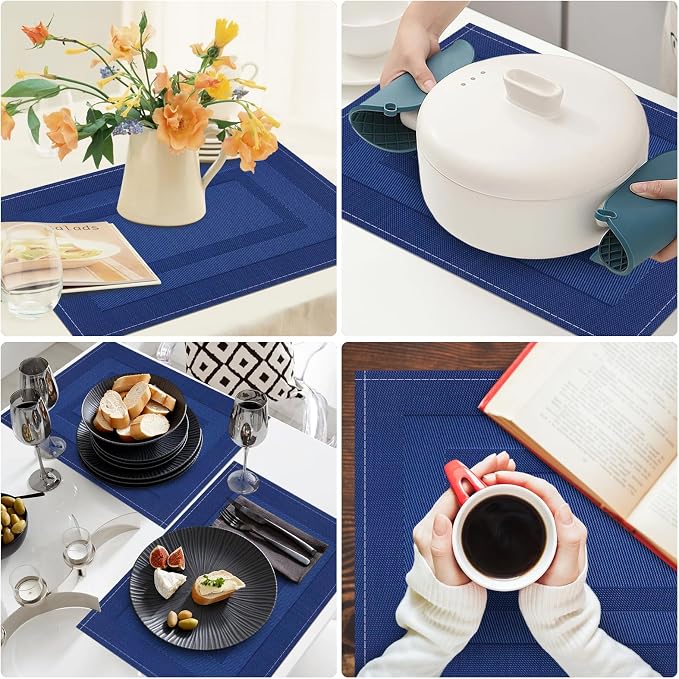 Navy Blue Placemats Set of 4, 12x18 Inch Washable Easy to Clean Heat-Resistant Anti-Skid Grey Placemats for Holiday Party Kitchen Dining Room Decoration