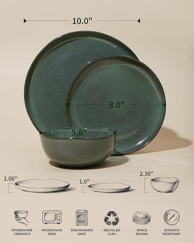Large Holiday Dinnerware Sets for 8, Ceramic Plates and Bowls Set, Kitchen Dish Set, Microwave & Dishwasher Safe Dishware, Perfect for Christmas & Thanksgiving, Forest Green