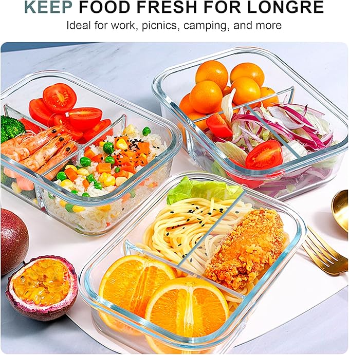 Glass Meal Prep Containers 3 Compartments, 5 Pack 36 oz | Glass Food Storage Containers with Lids, Airtight Lunch Bento Box, Portion Control, Freezer and Microwave Safe