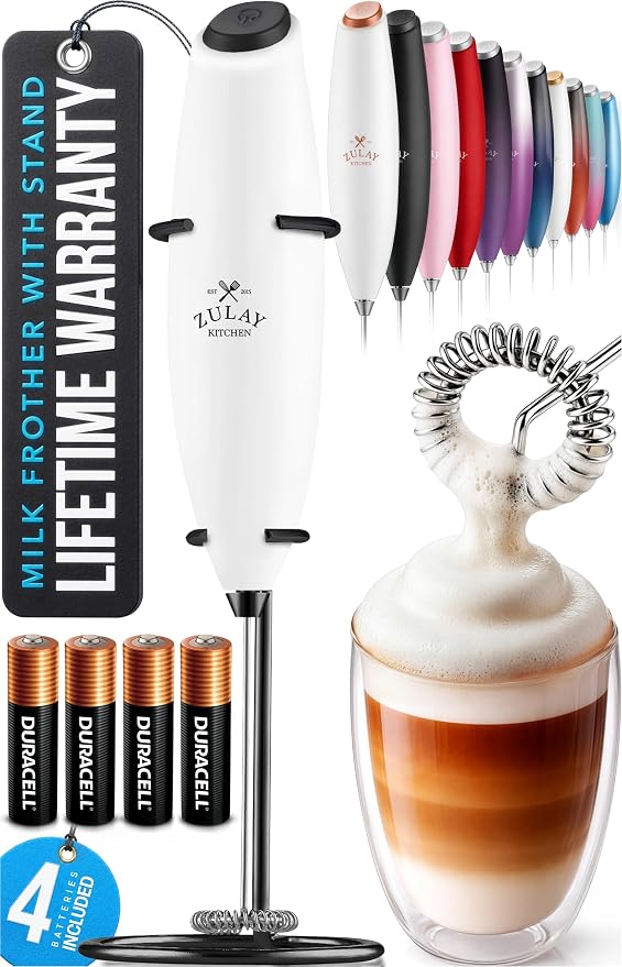 Zulay Kitchen Powerful Milk Frother Wand With Duracell Batteries - Ultra Fast Handheld Drink Mixer - Electric Whisk Foam Maker for Coffee, Lattes, Cappuccino & Matcha - Z1 Motor - White & Black
