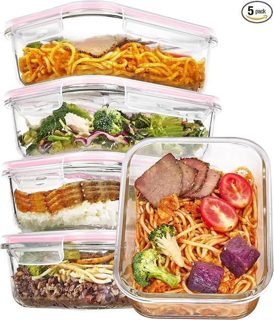 Vtopmart 5 Pack 35oz Glass Food Storage Containers with Lids, Pink | Meal Prep Containers, Airtight Reusable Lunch Container Set, Safe for Oven, Microwave, Freezer, and Dishwasher, BPA Free