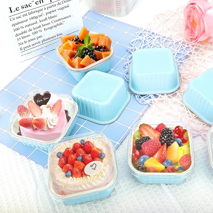 100Pack 5oz Blue Mini Cake Pans with Lids and Spoons and Stickers Baking Cups Aluminum Foil Pans Tins, Individual Dessert Cups Containers for Sales,Party,Picnics