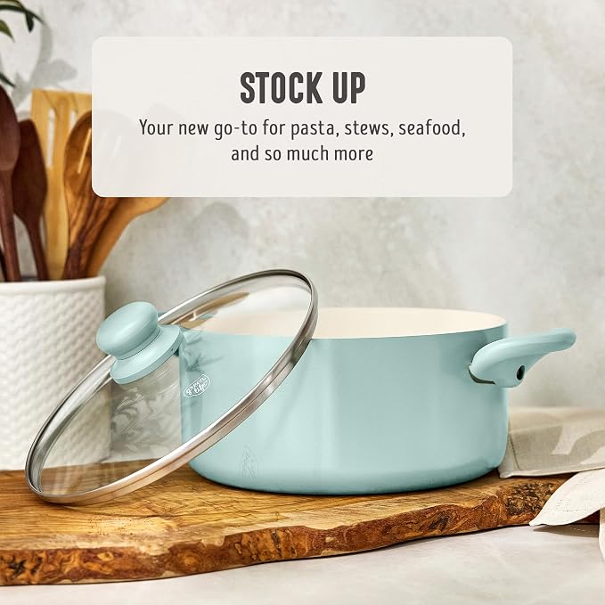 GreenLife 5QT Ceramic Nonstick Stockpot with Lid, Mint Green | PFAS-Free Nonstick Coating, Casserole Pot, Soup Pot, Pasta Pot, Induction Ready, All Stovetop Compatible, Dishwasher Safe