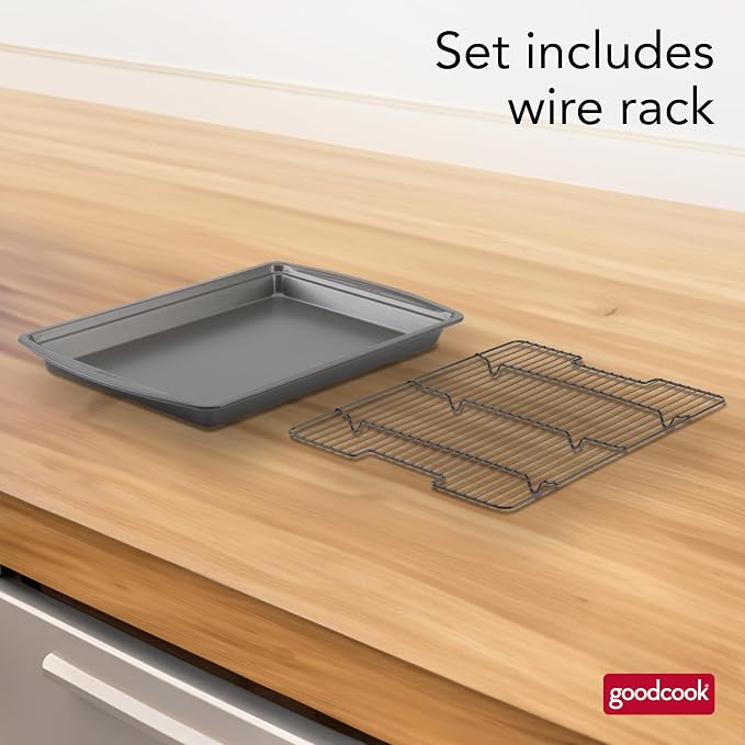 GoodCook 15” x 10.5” Nonstick Carbon Steel Baking Pan & Raised Wire Rack – Pizza Crisper,Crispy Bacon,Multipurpose Cooking Sheet Pan,Cooling Rack,Kitchen Cookware Set,Dishwasher Safe,(Pack of 12)