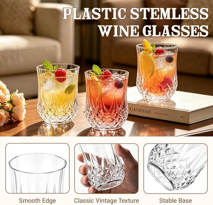 12 Pack 12 Oz Plastic Stemless Wine Glasses, Clear | Unbreakable, Reusable, Elegant Vintage Design, Fancy Cocktail Cups, Whiskey, Champagne, Wedding, Party, Bars, Holiday Events
