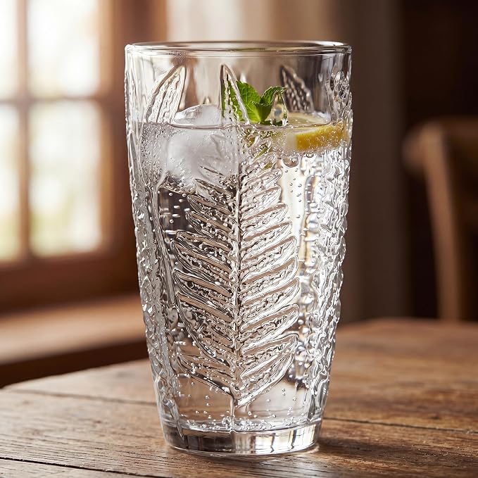 Clear Drinking Glasses Set of 4, 16 oz Glass Cups, Vintage Fern Glassware | Hand-Pressed, Dishwasher Safe, Boho Leaf-Textured Drinkware, Decorative Embossed Highball Tumblers for Water, Retro Kitchen