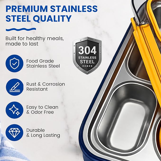 Large 11" x 8" Stainless Steel Bento Lunch Box for Adults with 4 Compartments Leakproof Lid BPA-Free 304 Stainless Steel Food Container That Keeps Food Separate,Ideal for Office and Travel use,Yellow