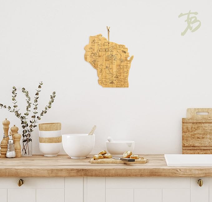 Totally Bamboo Destination Wisconsin State Shaped Serving and Cutting Board, Includes Hang Tie for Wall Display | State charcuterie serving board with engraved map artwork. Smooth reverse side for food prep. Hang tie for wall display.