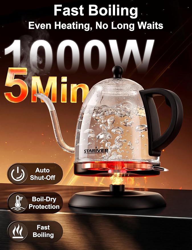 Stariver Gooseneck Electric Kettle, 1L Stainless Steel Pour Over Tea Pot | Fast Heating, Auto Shut-Off, Boil-Dry Protection, BPA-Free, for Pour Over Coffee, Tea, Drip Brew, Home or Office