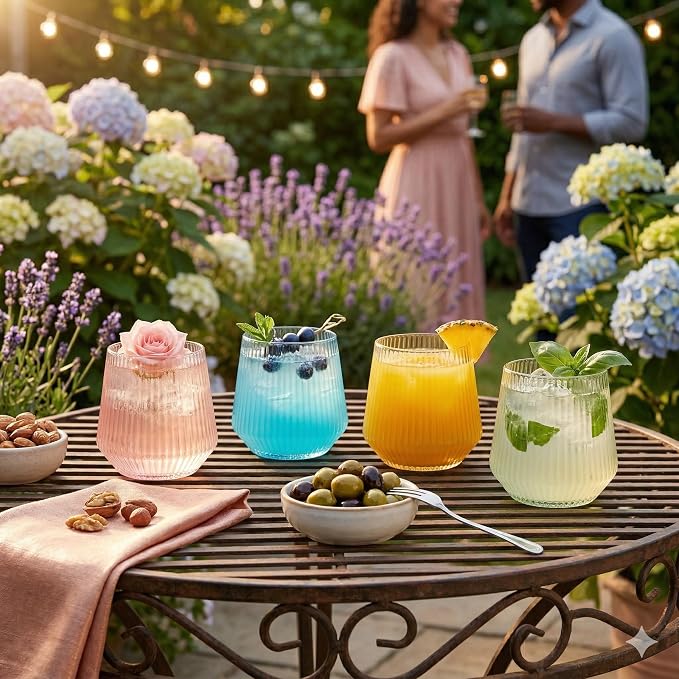40 Pack Disposable Stemless Plastic Wine Glasses 12 oz - Origami Ribbed Shatterproof Reusable BPA-Free Recyclable Unbreakable Cocktail Cups, Champagne Wedding Birthday Party, Oojami (Color Collection)