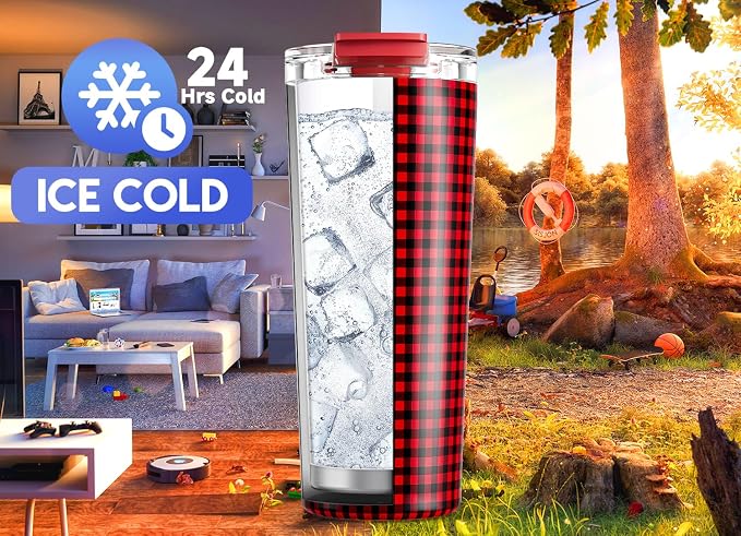 Meoky 24 oz Insulated Travel Coffee Mug: Leak Proof Lid, Crimson Plaid | Stainless Steel Coffee Tumbler, Keeps Hot for 8 Hours or Cold for 24 Hours, Fits in Car Cup Holder, BPA Free