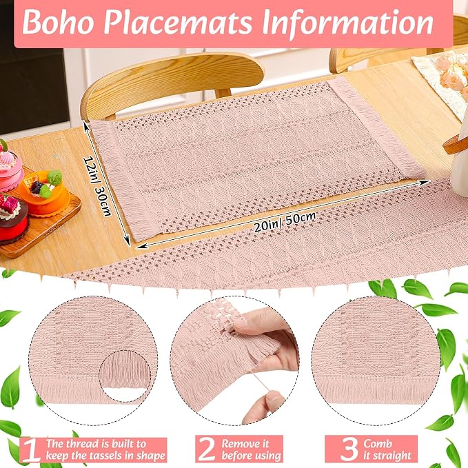 6 Sets Boho Decoration Placemats Round Woven Placemats, Cloth Napkins, Wood Bead Napkin Rings, Long Table Runner and Farmhouse Burlap Cotton for Table Kitchen (Pink,12x72)