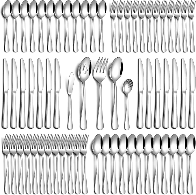 PHILIPALA 65 Piece Silverware Set with Serving Utensils, Stainless Steel Flatware Set for 12 Food Grade Novelty Flatware Cutlery Utensil Set Include Knife Fork Spoon Mirror Polished Dishwasher Safe