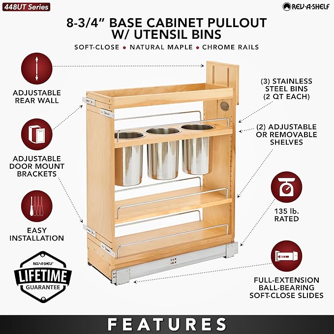 Rev-A-Shelf Pullout Organizer w/Soft-Close, Min Cabinet Opening 8.5" W | 8.75" W Slide Out Pantry Spice or Utensil Storage Rack w/BLUM Soft-Close & Adjustable Shelves for Base Cabinet, 448UT-BCSC-8C