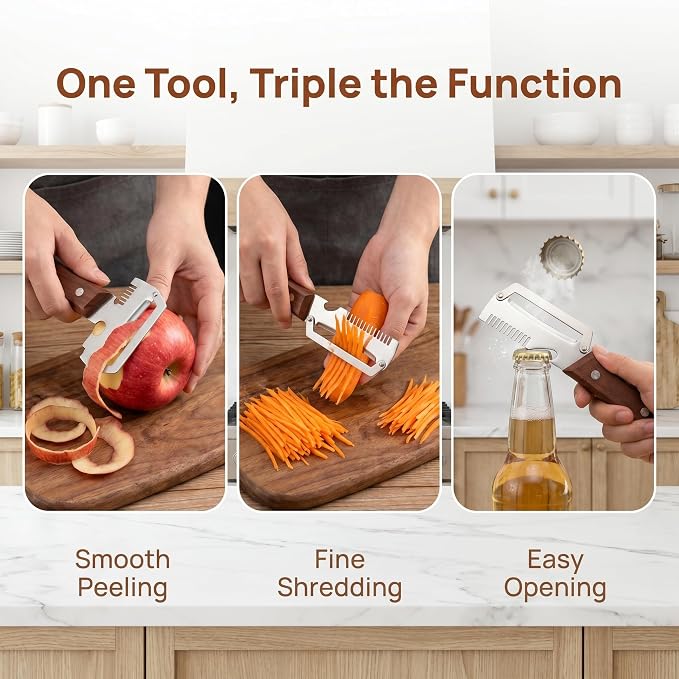 Multifunction Vegetable Peeler with Bottle Opener, 2PCs 3 in 1 Peeler | Durable Stainless Steel Blade, Ergonomic Wooden Handle, Easy to Peeling, Shredding, Open Bottles, easy to clean and store