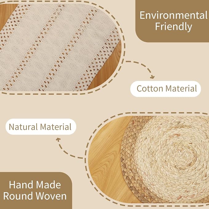Handmade Boho Placemats Set of 6 | Natural Woven & Fabric Cotton Combo Table Mats | 12-Piece Versatile Place Mats | Rustic Farmhouse Style Dining Table Decor