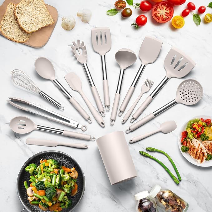 LIANYU 15 Pcs Cooking Utensils Set, Silicone Kitchen Tools with Holder | Heat Resistant, Kitchen Gadgets with Stainless Steel Handle, Brush Spatula Spoon Whisk for Cookware, Dishwasher Safe, Khaki