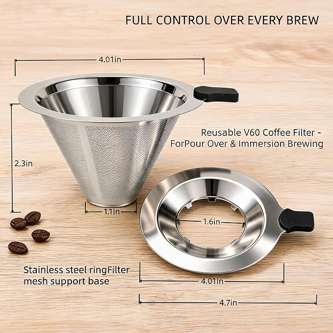 2-in-1 Immersion & Pour Over Coffee Maker,Reusable Stainless Steel Pour Over Coffee Dripper, V60 Style with Detachable Stand, Paperless Metal Coffee Filter for Single Cup Brewing