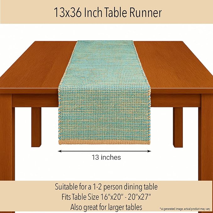 Natural Jute Table Runner 13x36 Inch – Vintage Boho Rustic Table Decor – Handwoven Table Runner in Natural Jute and Aqua Turquoise – Farmhouse Dining or Console Table Accent