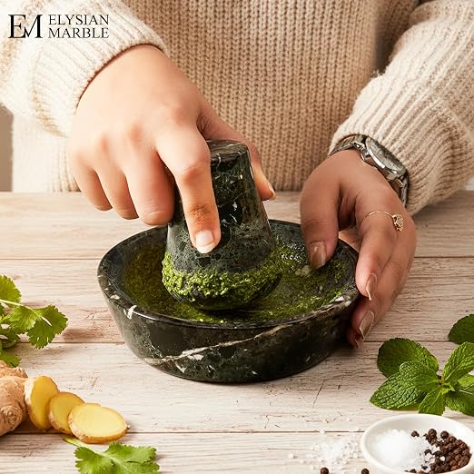 Mortar and Pestle Set, Black Marble 5.5 Inch Wide Shallow Mortar with Pestle, Manual Spice Grinder for Herbs, Garlic, Ginger, Pesto, Guacamole, Salsa and Fresh Seasoning