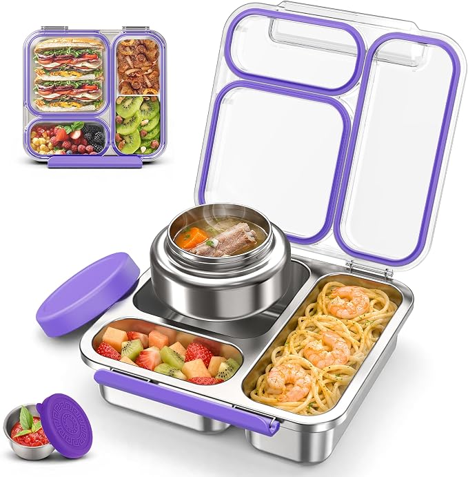 Stainless Steel Bento Box Kids Adult with 7oz Soup Thermo, Transparent Lid 3 Compartments Metal Bento Lunch Box with Insulated Food Jar,Lunch Box Container Sauce Cup for School,BPA-Free(Purple)