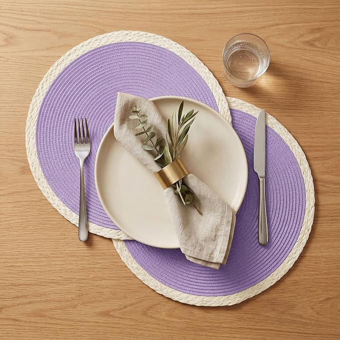Round Placemats Set of 6, Woven Table Mats, Mint Purple | Braided Paper Edge, 15 Inch Diameter, Fits Dinner Plate and Flatware, Wipeable, Heat Resistant, Indoor Dining, Outdoor Patio