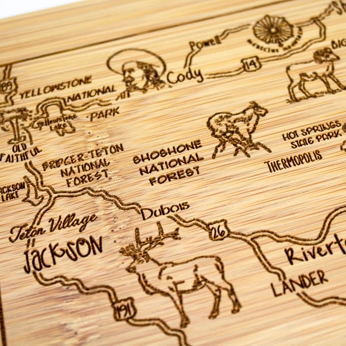 Totally Bamboo A Slice of Life Wyoming Engraved Map Cutting Board | 11” x 8.75” charcuterie board with engraved state map artwork. Smooth reverse side for food prep. Hang tie for wall display.