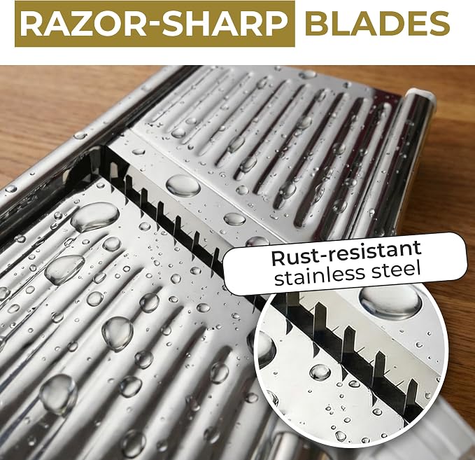Gramercy Adjustable Mandoline Food Slicer, Mandoline Slicer for Kitchen, Mandolin, Potato, Tomato, Carrot, Vegetable, Fruit and Onion Cutter, Stainless Steel, INCLUDING Cut-Resistant Gloves, White PRO