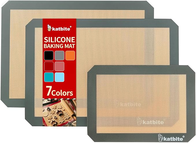 Katbite Silicone Baking Mat Set of 3 Grey | 2 Half Sheets Mats + 1 Quarter Baking Sheet, Reusable & Nonstick Bakeware Mats for Cookies, Macarons, Bread