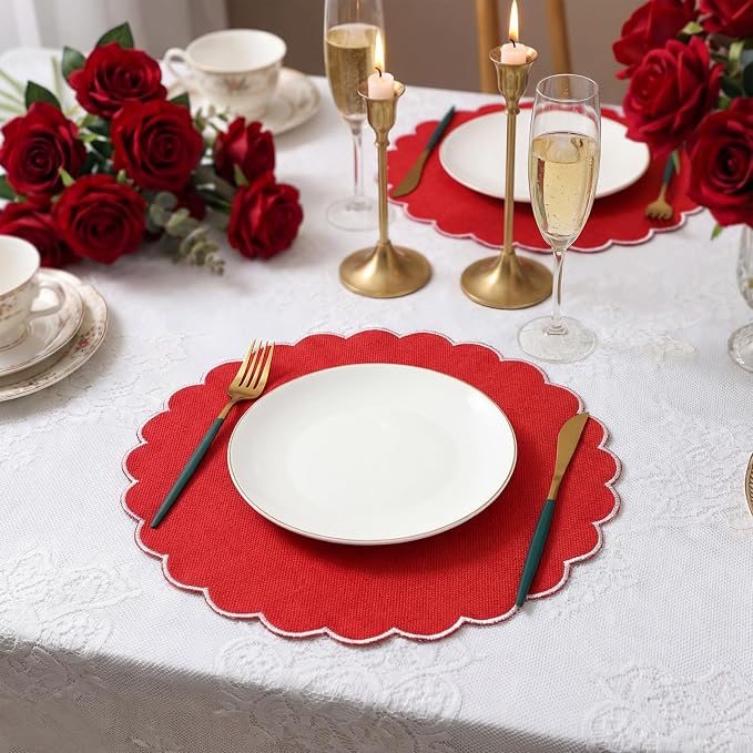 Set of 12 Red Cotton Placemats 15" Round Scalloped White | Double Layered Cotton Fabric, Washable Embroidery, White Edge Edge, Rustic Table Mats for Wedding Dining Table Decor