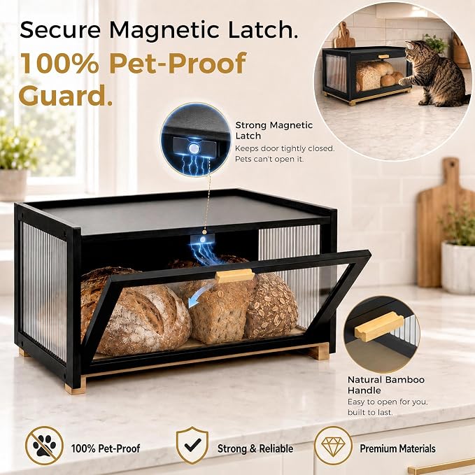 MinBoo Black Bamboo Bread Box for Kitchen Countertop with Fluted Acrylic Doors, Extra Large 2-Tier Wood Bread Storage Organizer, Magnetic Pet-Proof Cabinet for Homemade Loaves and Coffee Bar Decor