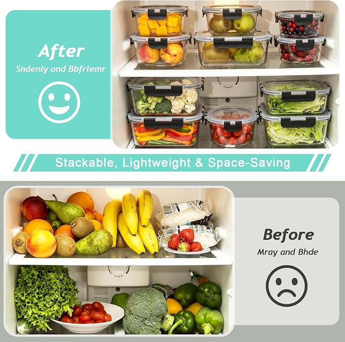 12 Pack Glass Food Storage Containers with Lids(Black) | Meal Prep Containers with Snap Locking Lids, Airtight Lunch Containers for Microwave, Oven, Freezer and Dishwasher, BPA Free
