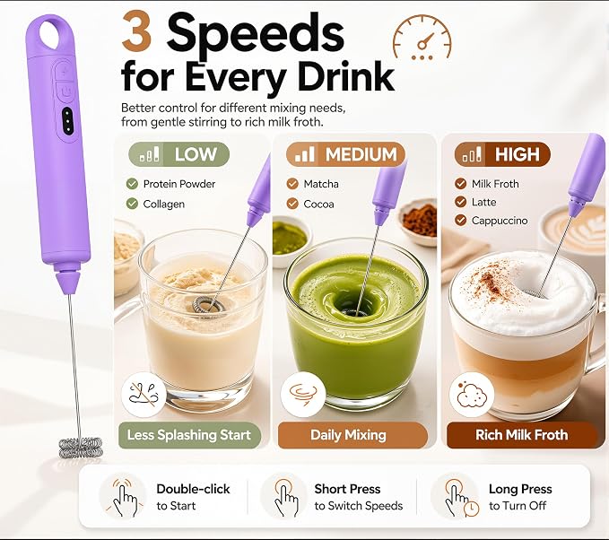 Rechargeable Milk Frother Handheld 3 Speed Coffee Foamer [3 Whisk] Electric Drink Mixer for Latte, Cappuccino, Coffee, Eggs, Hot Chocolate, Purple