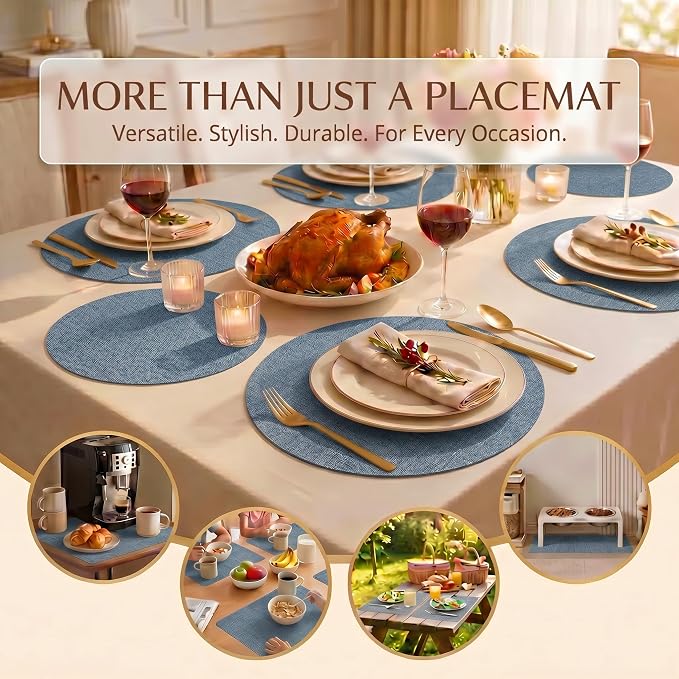 Faux Leather Placemats Set of 4, Wipeable Waterproof Stain Resistant Table Mats, Heat Resistant Thick Placemats with Hand-Painted Edges for Kitchen Dining, Imitative Linen Texture, Various Shapes