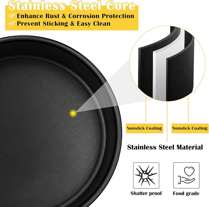 E-far Cake Pan Set of 3(4/6/8 Inch), Nonstick Stainless Steel Cake Pans | Round Baking Tins for Birthday/Wedding Layer Cakes, Stainless Steel Core & Non-toxic Coating, Straight Side & 2 Inch Deep